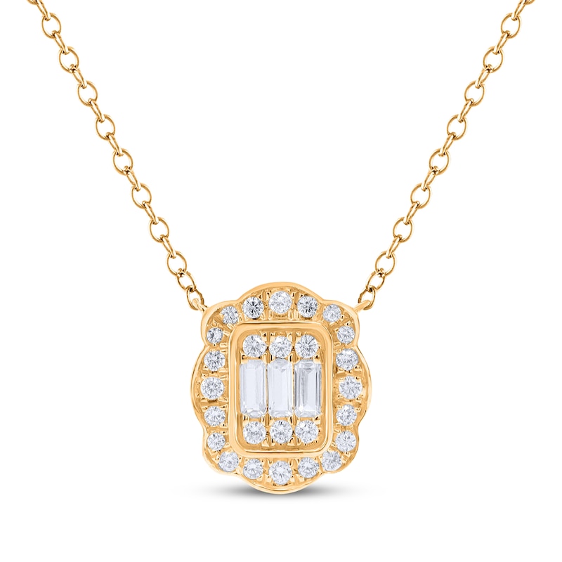 Main Image 1 of KAY Lab-Grown Diamonds Baguette & Round-Cut Halo Necklace 1/3 ct tw 10K Yellow Gold 18"