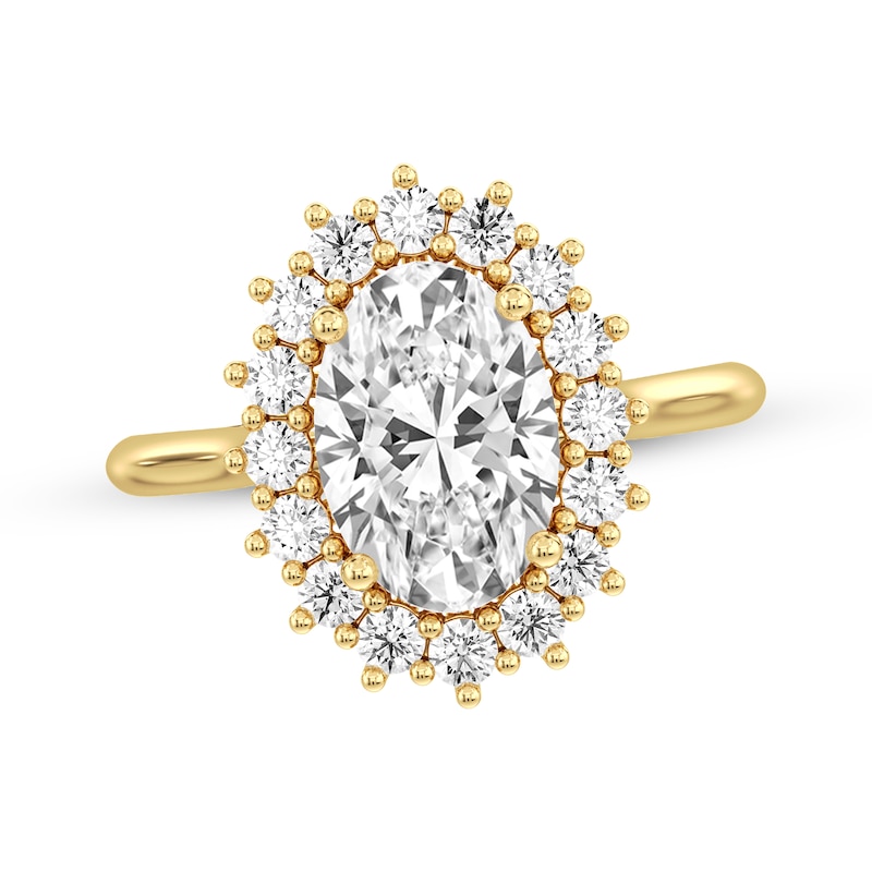 Main Image 1 of Lab-Grown Diamonds Oval-Cut Halo Engagement Ring 2-1/2 ct tw 14K Yellow Gold