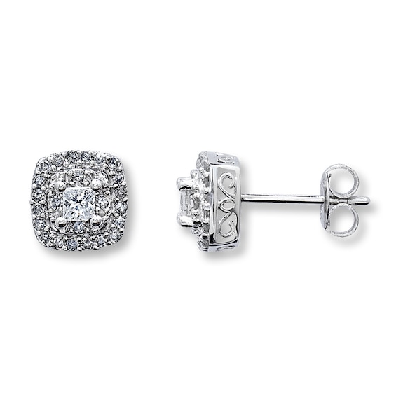 Diamond Framed Earrings 1/2 ct tw Princess & Round 10K White Gold