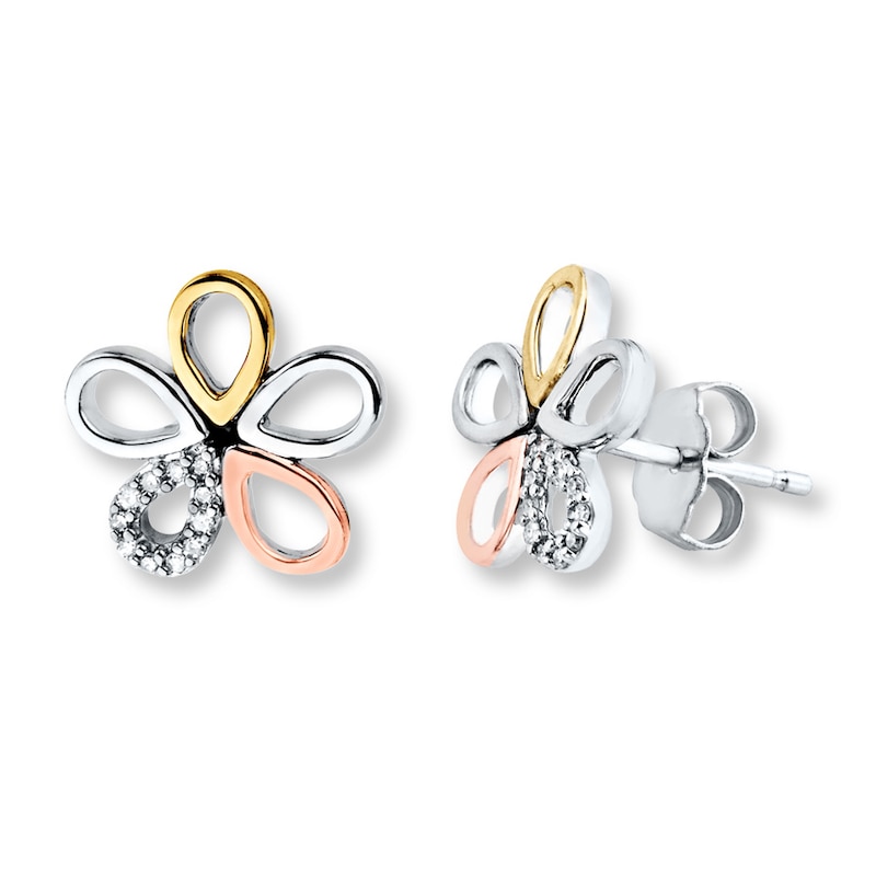 Flower Earrings 1/20 ct tw Diamonds Sterling Silver & 10K Two-Tone Gold