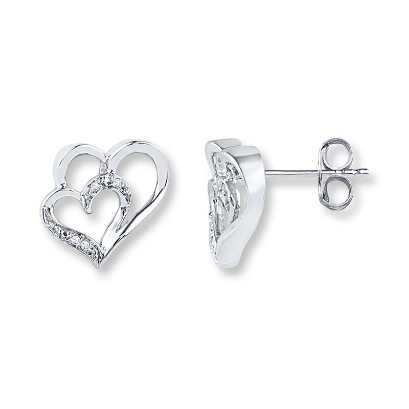 Main Image 1 of Double Heart Earrings Diamond Accents 10K White Gold