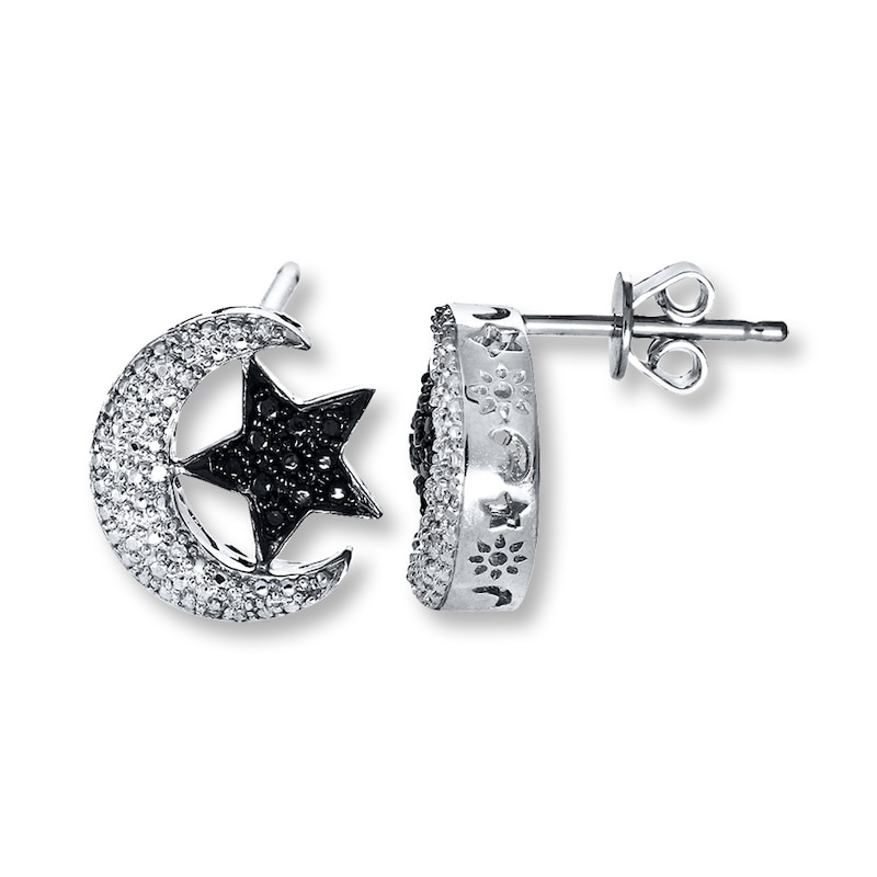 Main Image 1 of Moon & Star Earrings Black & White Diamonds Sterling Silver