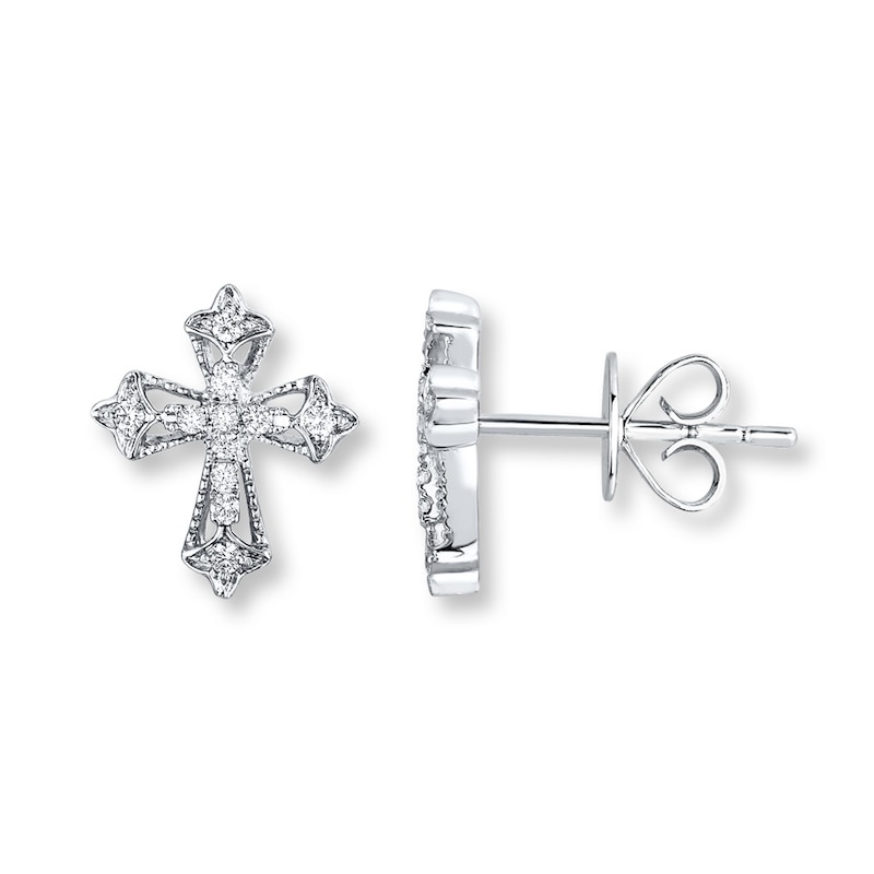 Main Image 1 of Diamond Cross Earrings 1/10 ct tw Round-cut 10K White Gold