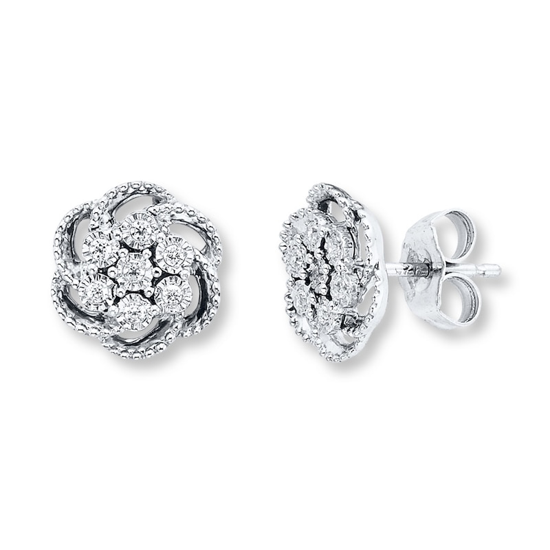 Diamond Flower Earrings 1/10 ct tw Round-cut Sterling Silver