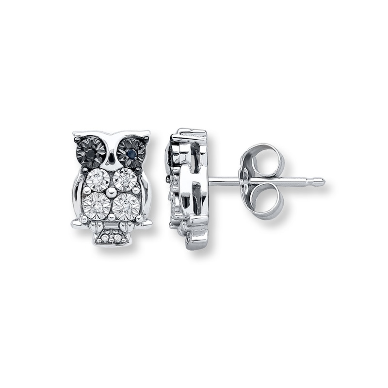 Young Teen Owl Earrings Black & White Diamonds Sterling Silver | Kay