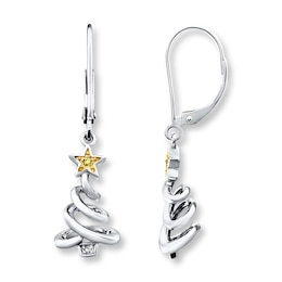 Christmas Tree Earrings Yellow & White Diamonds Sterling Silver