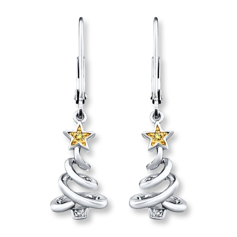 Main Image 2 of Christmas Tree Earrings Yellow & White Diamonds Sterling Silver