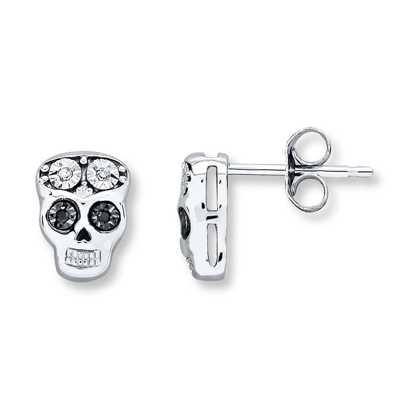 Main Image 1 of Young Teen Skull Earrings Black&White Diamonds Sterling Silver