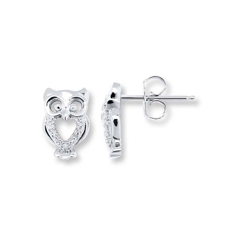 Owl Earrings Diamond Accents Sterling Silver