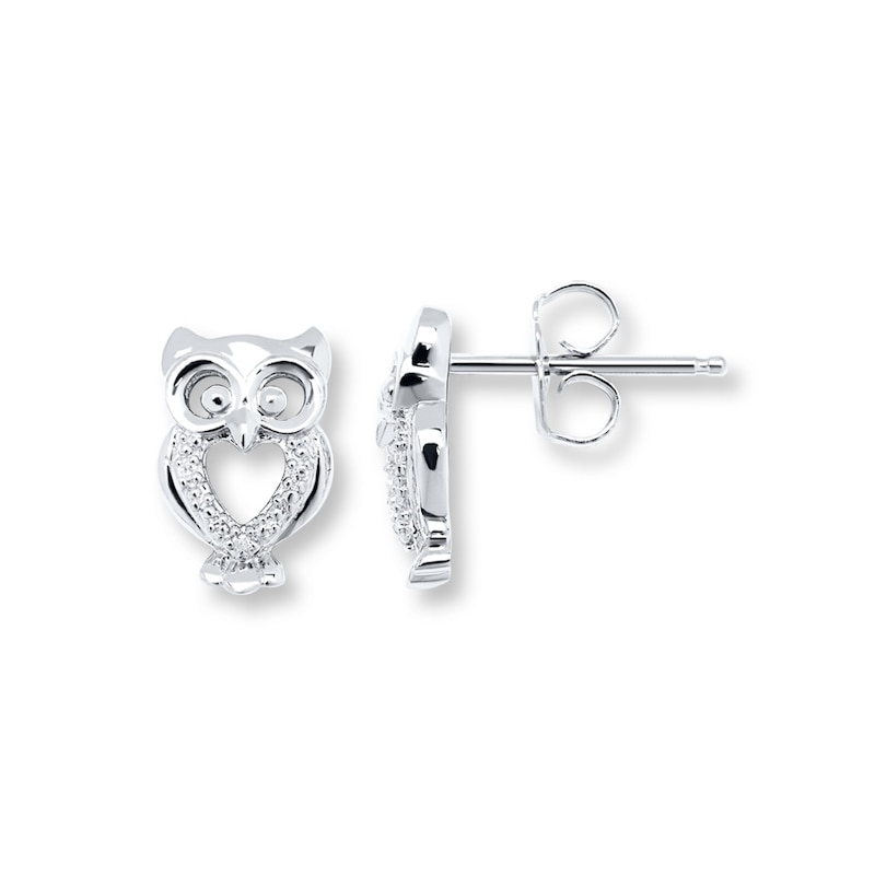 Main Image 1 of Owl Earrings Diamond Accents Sterling Silver