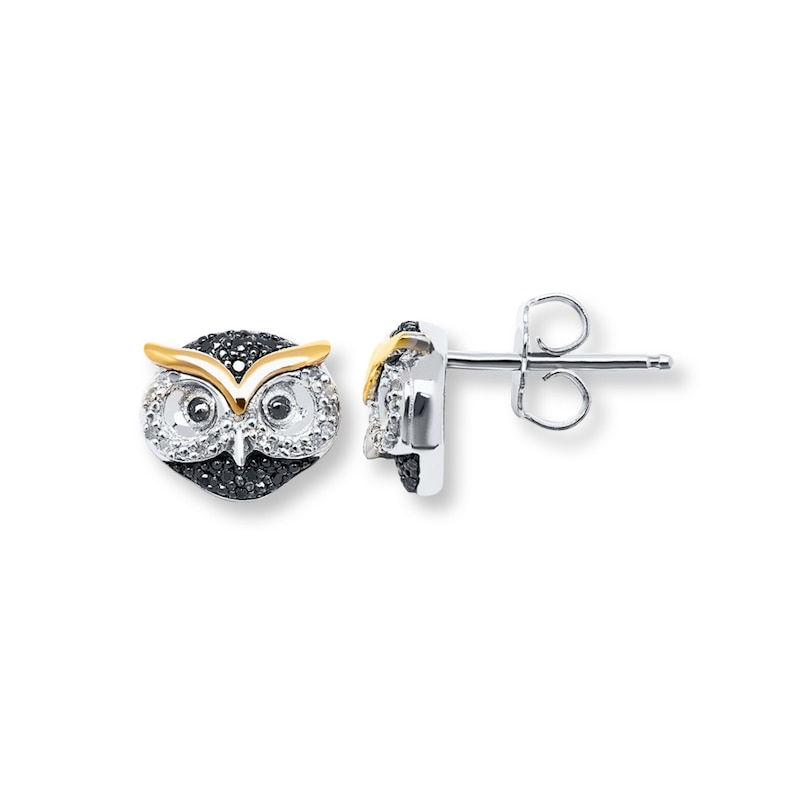 Black & White Diamond Owl Earrings Sterling Silver & 10K Yellow Gold