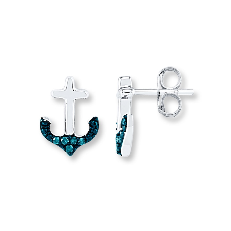Main Image 1 of Blue Diamond Anchor Earrings 1/20 ct tw Sterling Silver