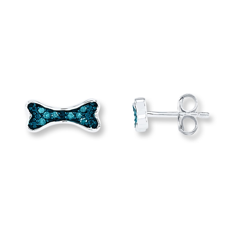 Main Image 1 of Blue Diamond Dog Bone Earrings 1/15 ct tw Sterling Silver