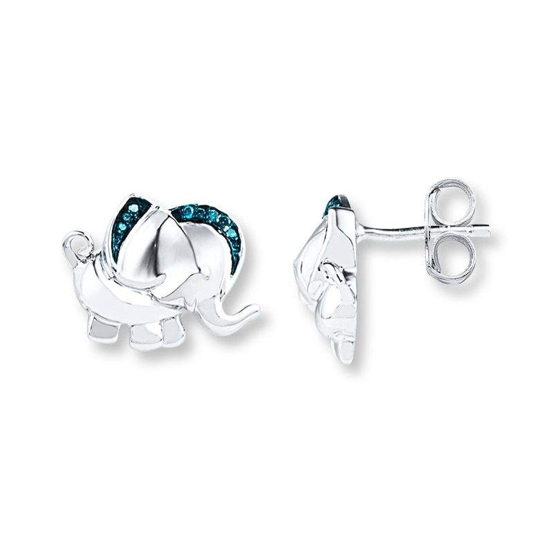 Main Image 1 of Elephant Earrings Blue Diamond Accents Sterling Silver