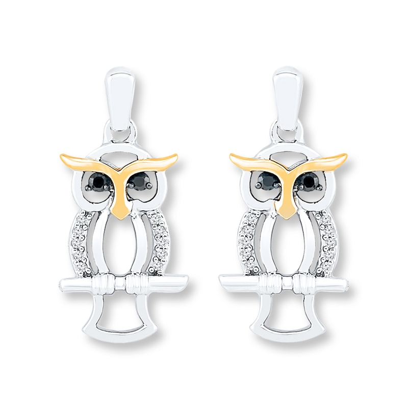 Main Image 1 of Owl Earrings 1/8 ct tw Diamonds Sterling Silver & 10K Yellow Gold