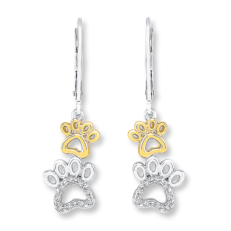 Main Image 1 of Paw Print Earrings 1/15 ct tw Diamonds Sterling Silver & 10K Yellow Gold