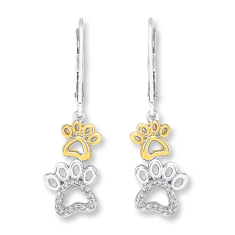 Paw Print Earrings 1/15 ct tw Diamonds Sterling Silver & 10K Yellow Gold