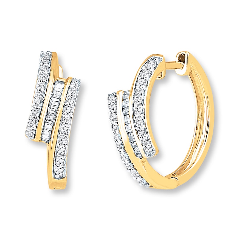 Main Image 1 of Hoop Earrings 1/2 ct tw Round & Baguette Diamonds 10K Yellow Gold