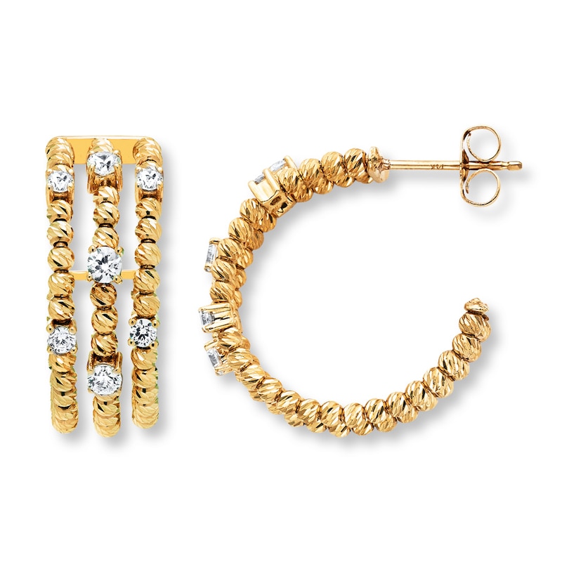 10K Yellow Gold Beaded Hoop Earrings 3/4 ct tw Diamonds