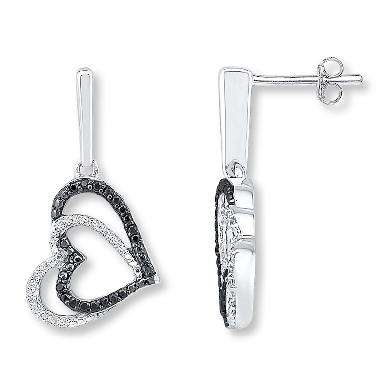 Main Image 1 of Black & White Diamond Heart Earrings 1/4 ct tw Sterling Silver