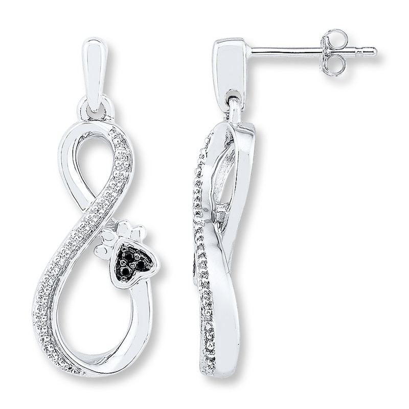 Paw Print Earrings 1/8 ctw Black & White Diamonds Sterling Silver