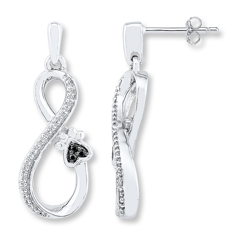 Main Image 1 of Paw Print Earrings 1/8 ctw Black & White Diamonds Sterling Silver