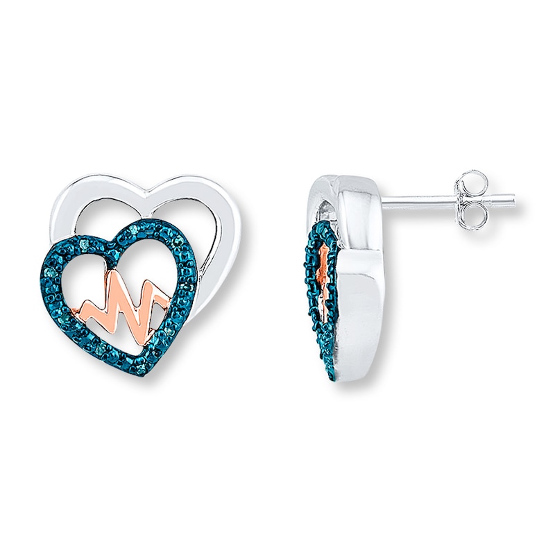 Blue Diamond Heart Earrings 1/20 ct tw Sterling Silver & 10K Rose Gold