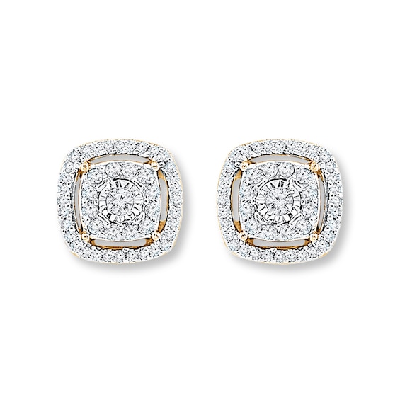 Thumbnail Image 2 of Multi-Diamond Cushion Halo Stud Earrings 1/4 ct tw 10K Yellow Gold