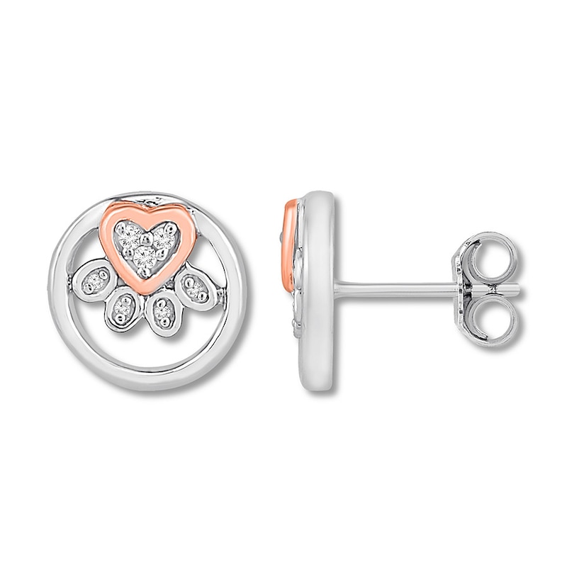 Main Image 1 of Diamond Paw Print Earrings 1/20 ct tw Sterling Silver & 10K Rose Gold
