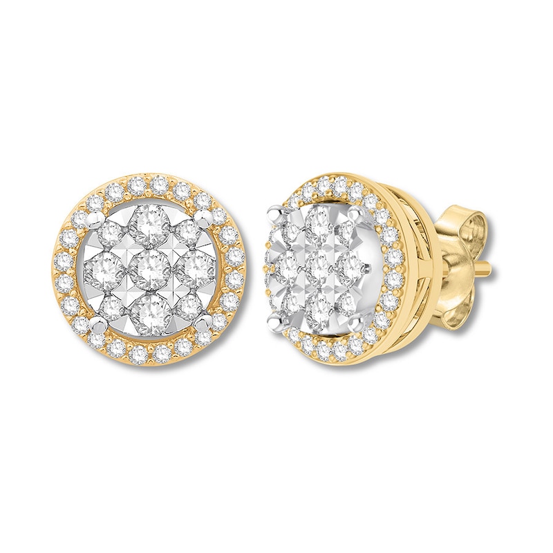 1 Carat Pave Diamond Stud Earrings 10K Yellow Gold Cube Shape