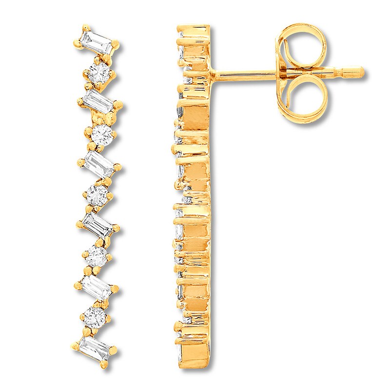 Baguette & Round Diamond Drop Earrings 1/4 ct tw 10K Yellow Gold