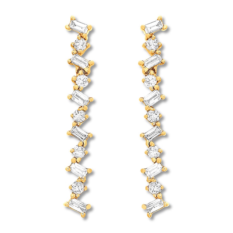 Baguette & Round Diamond Drop Earrings 1/4 ct tw 10K Yellow Gold