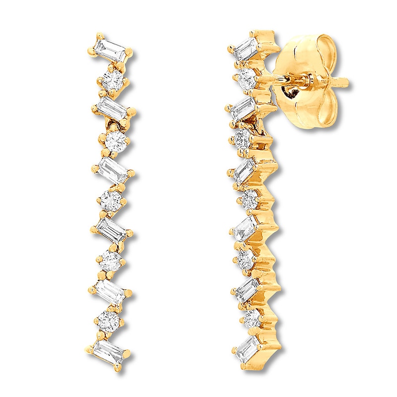 Baguette & Round Diamond Drop Earrings 1/4 ct tw 10K Yellow Gold