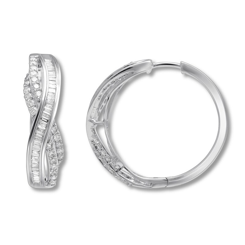 Diamond Hoop Earrings 1 ct tw Round/Baguette Sterling Silver