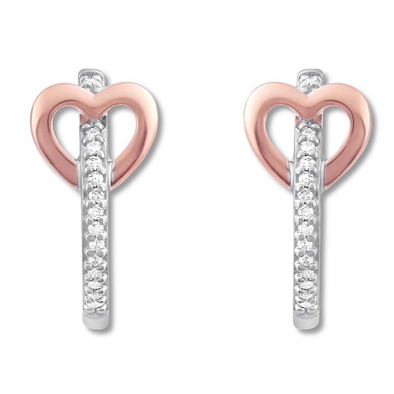 Main Image 1 of Diamond Heart Hoop Earrings 1/20 ct tw Sterling Silver & 10K Rose Gold