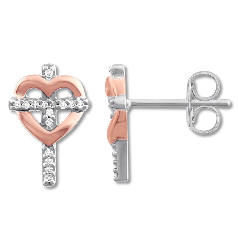 Diamond Cross Heart Earrings 1/20 ct tw 10K Two-Tone Gold