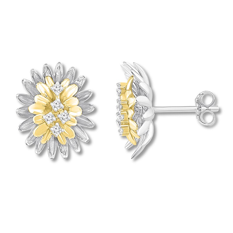 Diamond Floral Earrings 1/15 ct tw Sterling Silver & 10K Yellow Gold