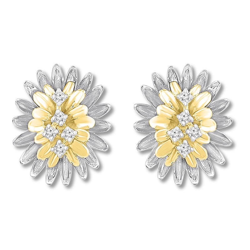 Diamond Floral Earrings 1/15 ct tw Sterling Silver & 10K Yellow Gold