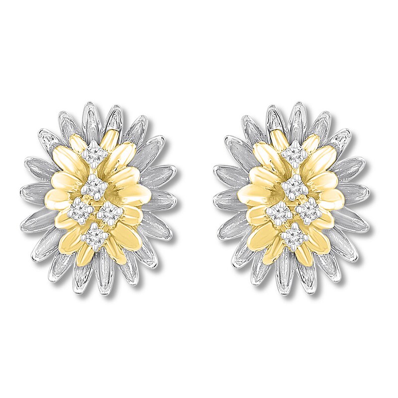 Diamond Floral Earrings 1/15 ct tw Sterling Silver & 10K Yellow Gold