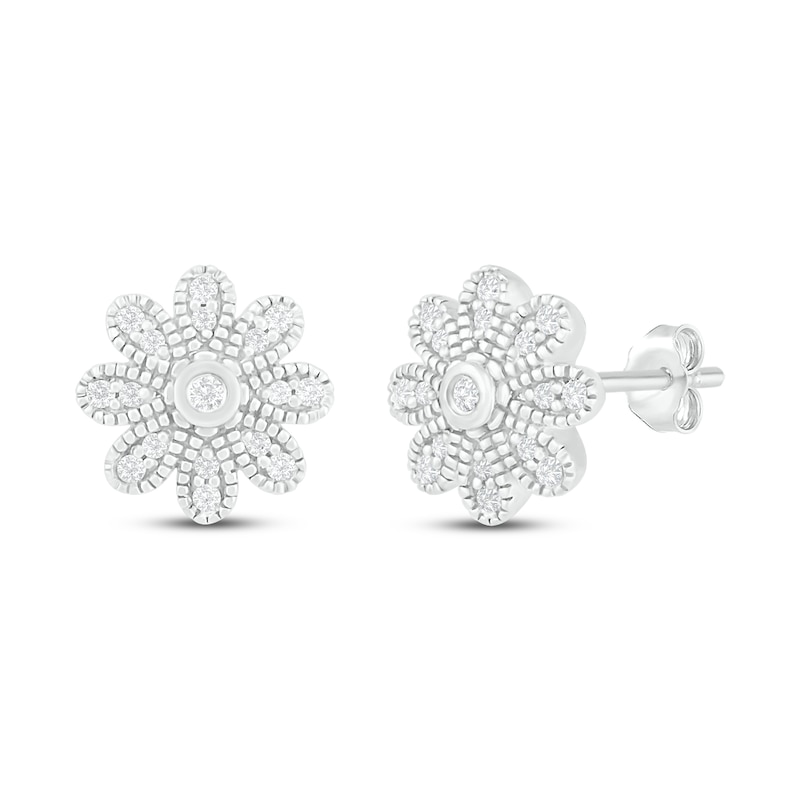Main Image 1 of Diamond Flower Earrings 1/8 ct tw Round-cut Sterling Silver