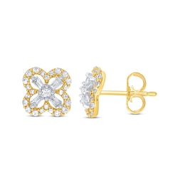 Diamond Clover Earrings 1/3 ct tw Round & Baguette 10K Yellow Gold