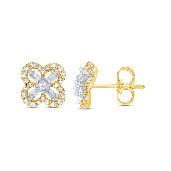 Diamond Clover Earrings 1/3 ct tw Round & Baguette 10K Yellow Gold