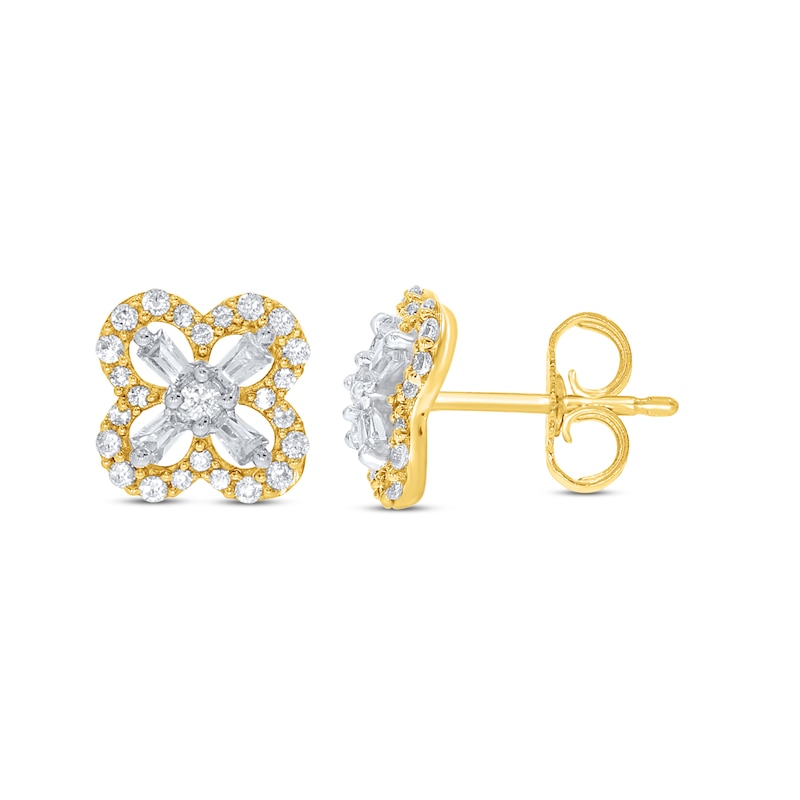 Main Image 1 of Diamond Clover Earrings 1/3 ct tw Round & Baguette 10K Yellow Gold
