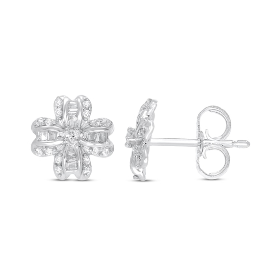 Diamond Clover Earrings 1/5 ct tw Round & Baguette 10K White Gold