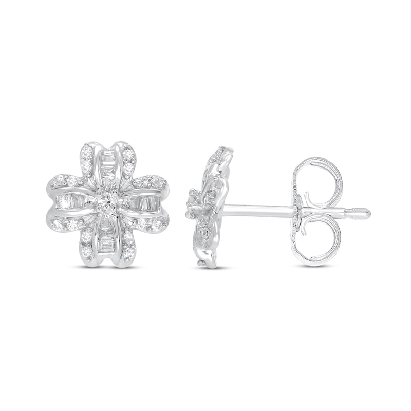 Main Image 1 of Diamond Clover Earrings 1/5 ct tw Round & Baguette 10K White Gold