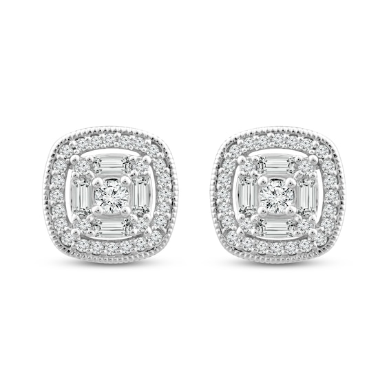 Diamond Stud Earrings 1/4 ct tw Round & Baguette Cut 10K White Gold