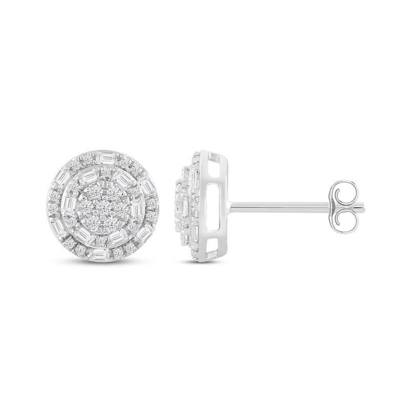 Main Image 1 of Diamond Halo Stud Earrings 1/2 ct tw Baguette/Round-Cut 10K White Gold