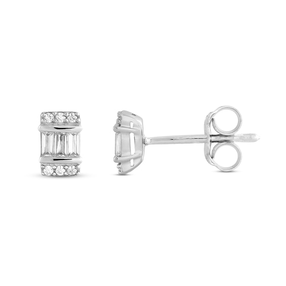 Diamond Earrings 1/8 ct tw Round & Baguette 10K White Gold