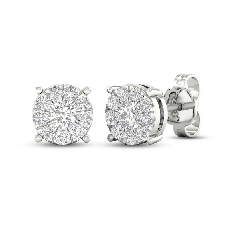 Main Image 3 of Diamond Halo Stud Earrings 1/2 ct tw Round-Cut 10K White Gold