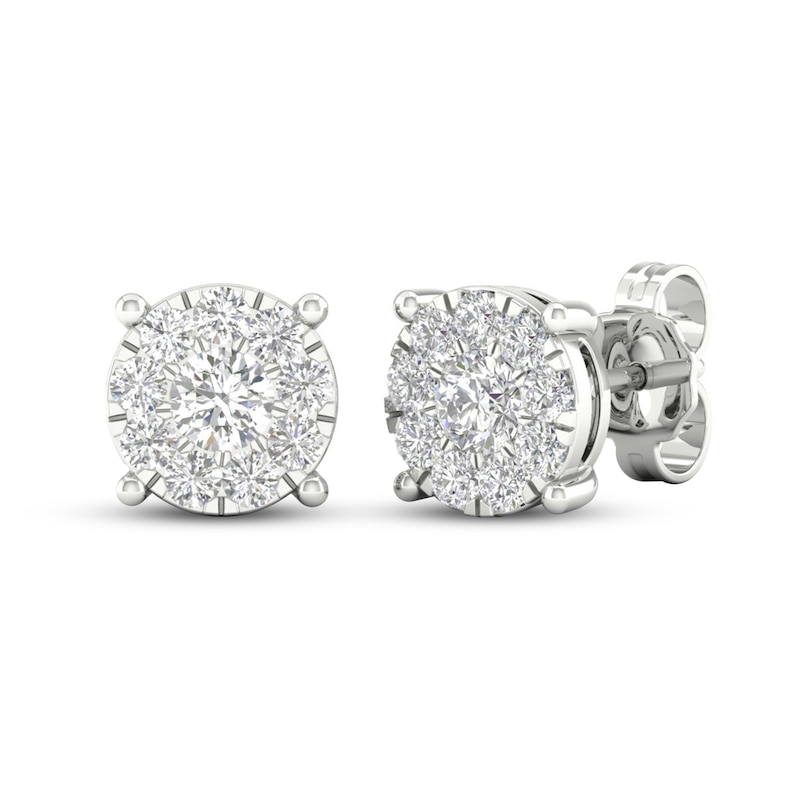 Main Image 2 of Diamond Halo Stud Earrings 1 ct tw Round-Cut 10K White Gold